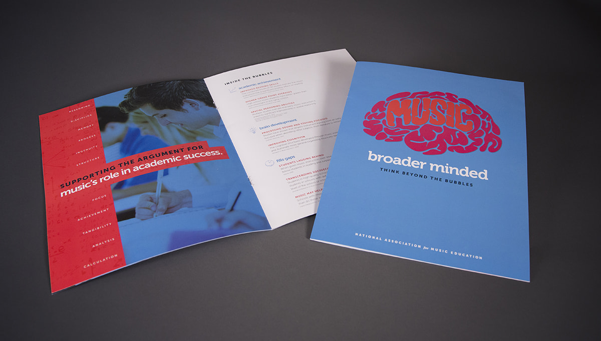 Open brochure featuring “Broader Minded: Think Beyond the Bubbles” branding, including a brain-shaped music graphic and messaging supporting music’s role in academic success.