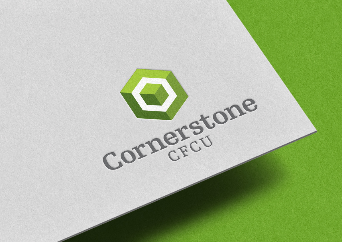New Cornerstone Community Federal Credit Union logo with a green geometric icon and contemporary wordmark, introduced as part of a rebrand.