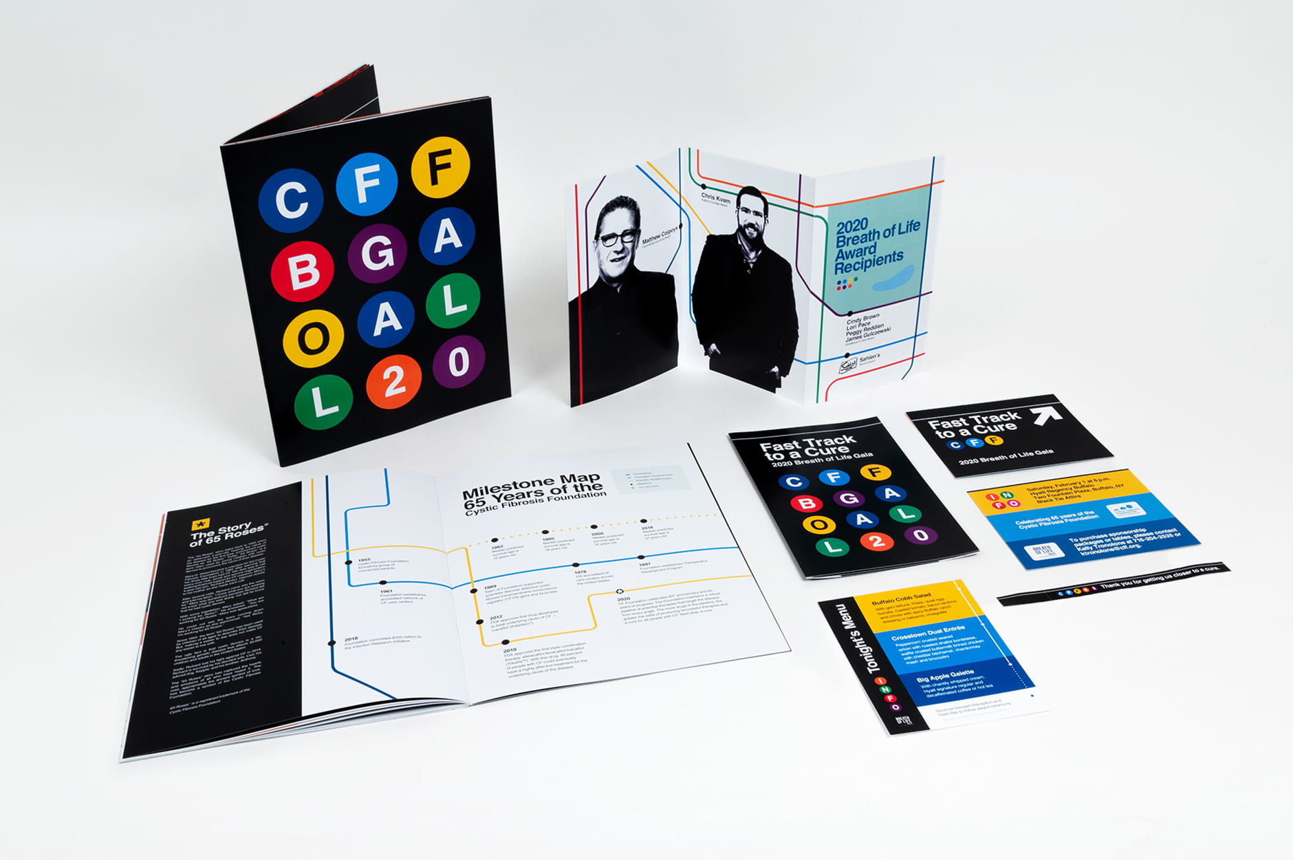 : Printed event collateral created for the Cystic Fibrosis Foundation Breath of Life fundraiser, including programs, signage, menus, and informational materials.