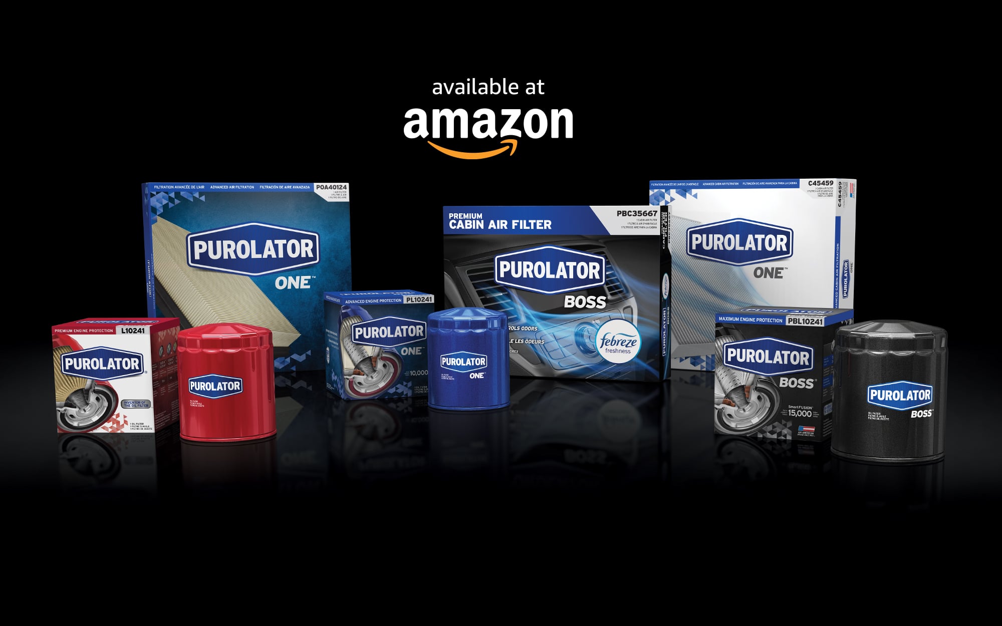 Purolator automotive filters and packaging displayed against a black background with the text “available at Amazon,” highlighting oil filters, cabin air filters, and boxed product lines sold through Amazon.